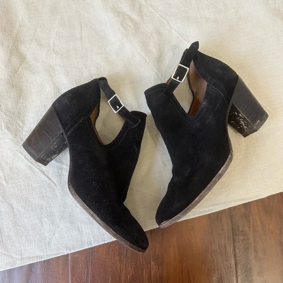 FRYE Meghan Suede Bootie Black Cutout Ankle Boots Buckle - Picture 2 of 11